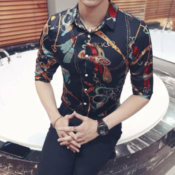 Zelta Keychain Ziedu Drukāt Krekls Slim Fit korejas Drēbes Vīriešiem Chemise Homme Ziedu Puse Kluba Chemise Homme Plus Izmēra 5xl