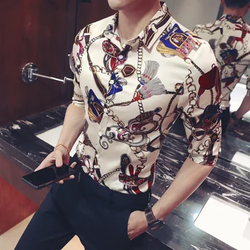 Zelta Keychain Ziedu Drukāt Krekls Slim Fit korejas Drēbes Vīriešiem Chemise Homme Ziedu Puse Kluba Chemise Homme Plus Izmēra 5xl
