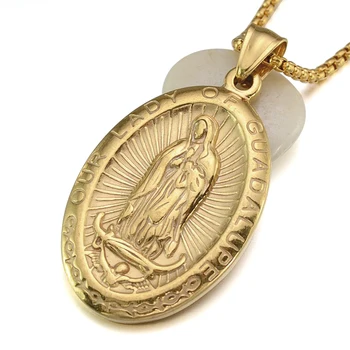 Zelta Toņu Nerūsējošā Tērauda Ovāls Our Lady of Guadalupe Saint Mary Kulons, Kaklarota, SS Ķēdes 60 CM