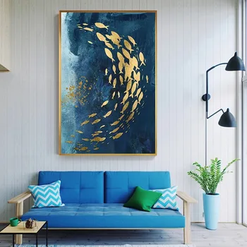 Zelta Zivis Abstraktā Audekls Gleznošanai Big Blue Plakātu Drukas Ķīnas Greznu Sienas Mākslas Dzīvojamā Istaba Eju Zelta Tableaux Attēlu