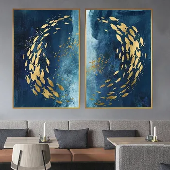 Zelta Zivis Abstraktā Audekls Gleznošanai Big Blue Plakātu Drukas Ķīnas Greznu Sienas Mākslas Dzīvojamā Istaba Eju Zelta Tableaux Attēlu