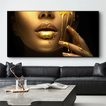 Zelta Āfrikas Sieviete Seju Audekls Mākslas Plakāti Sexy Lūpām Audekla, Gleznas pie Sienas, Mākslas Attēlus Mūsdienu Dzīvojamā Istaba Dekori