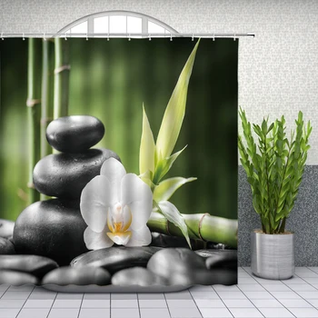 Zen Stilā Dušas Aizkari Spa Black Akmeņi, Ziedu Svece Zaļā Bambusa Augu Lapu Vannas Istaba Dekori Ūdensnecaurlaidīga Auduma Aizkaru Komplekts