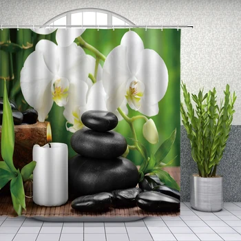 Zen Stilā Dušas Aizkari Spa Black Akmeņi, Ziedu Svece Zaļā Bambusa Augu Lapu Vannas Istaba Dekori Ūdensnecaurlaidīga Auduma Aizkaru Komplekts