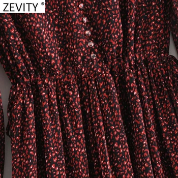 Zevity Jaunā Sieviešu Vintage V Kakla Ielocēm Puff Piedurknēm Leopards Drukāt Midi Kleita Lady Svītrainām Casual Slim Retro Puse Vestido DS4730