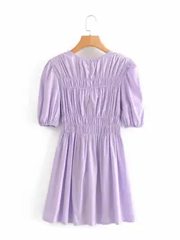 Zevity Sieviešu vintage O Kakla puff piedurknēm purpura krāsas mini Kleita Dāmas nospiediet kroku elastīgs casual slim vestidos Kleitas DS4025