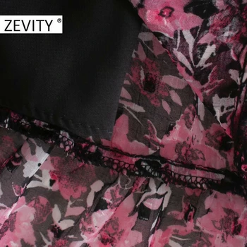 Zevity Sieviešu Vintage O Kakla Ziedu Drukāt Raibs Šifona Midi Kleitu Sieviešu Ielocēm Puff Piedurknēm Casual Slim Puse Vestido DS4606