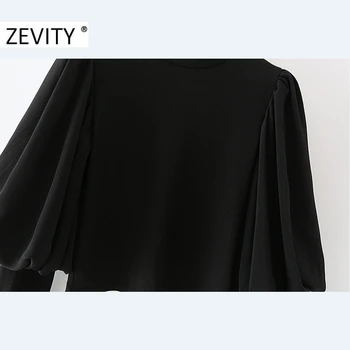 ZEVITY sieviešu vintage plisēt laternu piedurknēm raibs gadījuma smock blūze biroja dāmas melnā adīšanas femininas krekls topi LS7255