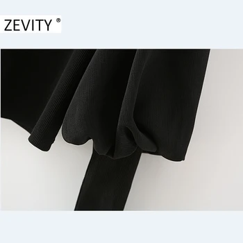 ZEVITY sieviešu vintage plisēt laternu piedurknēm raibs gadījuma smock blūze biroja dāmas melnā adīšanas femininas krekls topi LS7255