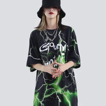 Zibens Drukāt Gothic Grafikas Tees Sievietēm, Goth, Punk Drēbes Lielgabarīta T Krekls Multi-color Vasaras Top Streetwear Sieviešu Apģērbs