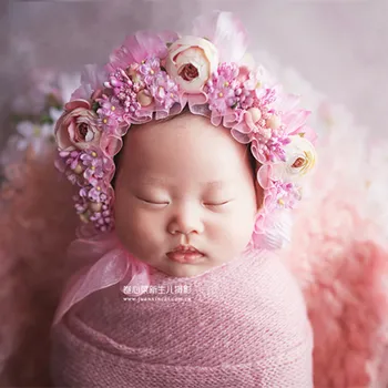 Ziedu Sunīti Jaundzimušo Fotogrāfiju Aksesuāri Baby Girl Mežģīņu Ziedu Sunīti Vintage Pastelis Rozā Ziedu Cepuri Savirmot Cap Dušas Dāvanu