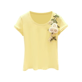 Ziedu T Sievietēm 2020. Gada Vasaras Valkāt Jaunu Roku Izšūtu Stereo Ziedu Apkalpes Kakla Īsām Piedurknēm Dzeltenā T-krekls Meitenēm Dāma