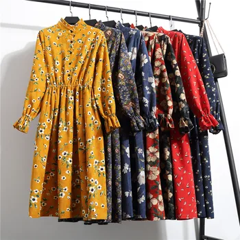 Ziemas Korejas Drukāt Puķes Sieviešu Kawaii Vintage Kleita Ar Garām Piedurknēm Vidum Teļš Puse Kleita Pogu O-Veida Kakla Vestidos Cute Apģērbs