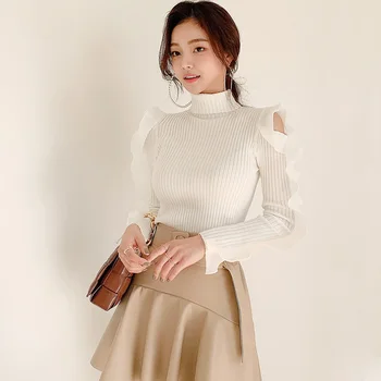 Ziemas korejiešu Stilā, Sieviešu Temperaments Slim Adīt Džemperi ar Augstu Apkakli Caurs Plecu Vīlēm Mežģīņu Džemperis Zemāko Augšu