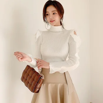 Ziemas korejiešu Stilā, Sieviešu Temperaments Slim Adīt Džemperi ar Augstu Apkakli Caurs Plecu Vīlēm Mežģīņu Džemperis Zemāko Augšu