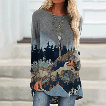 Ziemas sieviešu garās modes gadījuma poliestera женские футболки liela izmēra kalnu krāsu drukas pulovers garām piedurknēm F04*
