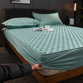 Ziemas stepēts Aprīkots lapa iestatīt stabilu režģi, Matēts kokvilnas 3D elastīgs lapu ar gumijas siltas gultas veļa 1pc matrača segtu sabiezēt