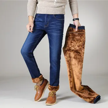 Ziemas vīriešu plus vilnas silts džinsi classic bieza džinsa stiept pieguļoša melna džinsi gadījuma boutique business zils plus bikses