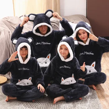 Ziemas Ģimeni, Vecāku un Bērnu Pidžamas komplekts Bērniem, Flaneļa Pidžamas Sabiezējumu Plīša pelēkā vārna garām Piedurknēm Dzīvnieku Panda Sievietes Vīrieši Homewear