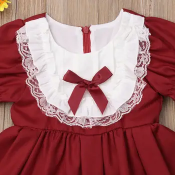 Ziemassvētki Princese Gudrs Zīdaiņiem Bērniem Zīdaiņu Meitenes Kleita Bowknot Sarkans Mežģīņu pusgarās-Line Kleita Apģērbs no 0-ź5 y