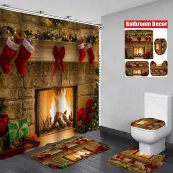 Ziemassvētku Dušas Aizkaru Komplekts 3D Digitālā Drukāšana, Ūdensnecaurlaidīga Poliestera Ziemassvētku Sērijas Kamīnu Apdare Vannas istaba 2020 Jaunas