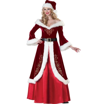 Ziemassvētku Kostīms Pils Retro Kleita Santa Claus Sieviešu Cosplay Kostīms Puse ar garām Piedurknēm Kleita + Josta + Cepure 3Pcs Tērpiem