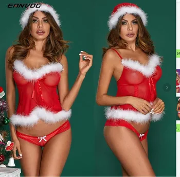 Ziemassvētku Mežģīnes Policijas Vienotu Sexy Apakšveļa Komplekts Sleepwear Sieviešu Acs Babydoll Tops G-string 2gab Eksotisko Komplekti Ziemassvētki Apģērbi