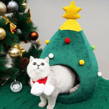 Ziemassvētku Mājīga Ziemas Kaķis Gultā, Māju Uzturēt Siltu Mīkstu Ligzdu Koku Formas Pet Gulta Kaķis Ala Metienu Telts Dziļa Miega Pet Mājā Ziemassvētki