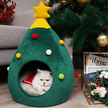 Ziemassvētku Mājīga Ziemas Kaķis Gultā, Māju Uzturēt Siltu Mīkstu Ligzdu Koku Formas Pet Gulta Kaķis Ala Metienu Telts Dziļa Miega Pet Mājā Ziemassvētki