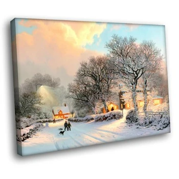 Ziemassvētku Priekšvakarā Ziemas Sienas Mākslas Sniega Ainavu Mākslas Giclee Drukāšanas Ciematā, Plakāti, Kanvas Glezna Mājas Rotājumi Dropship