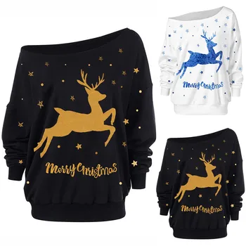Ziemassvētku Sieviešu Modes Off-Plecu sporta Krekls Zaudēt garām Piedurknēm Elk Drukāšanas Rudens Džemperis Ikdienas Džemperis Džemperis Femme