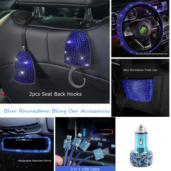 Zila Bling Auto Aksesuāri Meitenēm, Sievietēm, Atpakaļskata Spoguļa Karājas Rotājumu Lādētāju 3 in 1 USB Vads Dimantu Interjera Detaļas