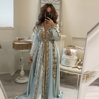 Zila Marokas Kaftan 3D Mežģīnes Fāzēm Vakara Kleita Pasūtījuma Vestido de atradusies rendas Līgavainis, Māte Formālā Puse Kleita Jaunas Ielidošanas