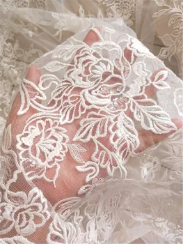 Ziloņkaula Baltu Kokvilnas Sequin Izšuvumi Mežģīņu Audums Kāzu Kleitu, Tērps, Plīvurs Materiāls RS2606