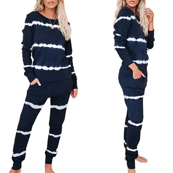 Zilā Un Baltā Svītrainām Sieviešu Homewear Gadījuma Divus Gabalus Kopa Ar Garām Piedurknēm Topi Apaļu Kakla Elastīga Vidukļa Bikses Mīksta Sleepwear