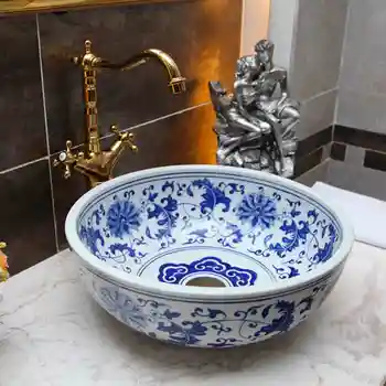 Zilā un baltā Ķīnas Glezniecības izlietne Vannas istaba kuģa izlietnes, skaitītājs, top krāsu, art izlietnes keramiskās izlietnes vannas istaba