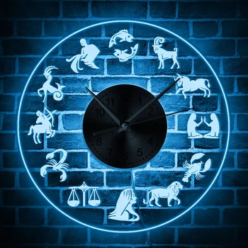 Zodiaka Zīme LED Gaismu Sienas Māksla, Mājas Dekoru, Sienas Pulkstenis Ar Krāsainiem fona Apgaismojums, kas Spīd Tumsā, Vintage Design Izgaismotas Sienas Pulkstenis