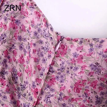 ZRN 2020. gada Rudens Ražas Sieviešu Ziedu Drukāt Drapēti Sexy Kleita ar Kvadrātveida Kakla garām Piedurknēm Hem Savirmot Bodycon Mini Kleita Šifona Kleita