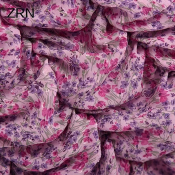 ZRN 2020. gada Rudens Ražas Sieviešu Ziedu Drukāt Drapēti Sexy Kleita ar Kvadrātveida Kakla garām Piedurknēm Hem Savirmot Bodycon Mini Kleita Šifona Kleita