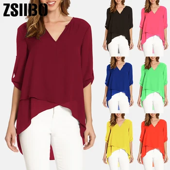 ZSIIBO Sieviešu vienkrāsainu V-veida kakla nelegālo šifona kreklu 2019 izšūšanas liela izmēra 5XL zaudēt septiņu punktu piedurknēm džemperis top