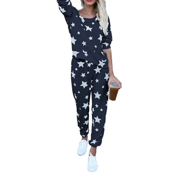 Zvaigzne Iespiesti Rudens Ziemas Sieviešu Pidžamas Komplekts Mīksts, Ērts Pidžamas Mājās Uzvalks Sieviešu Sleepwear Tops un Bikses Pidžamas Komplekts