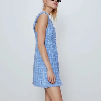 ZXQJ elegants sieviešu tvīda saule-kleita 2020. gada vasaras modes dāmas vintage gem pogas kleitas boho sieviešu slim midi kleita meitenēm šiks