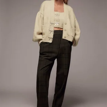 ZXQJ Sieviešu Modes Ar Rhinestone Pogas Trikotāžas Jaka Vintage Džemperis ar garām Piedurknēm Zaudēt Sieviešu Virsdrēbes Šiks Topi