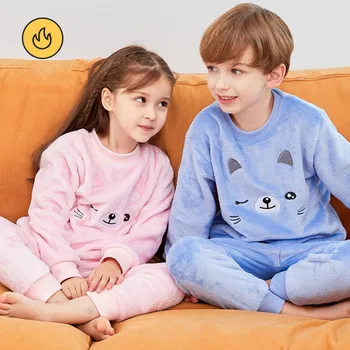 Zēni Meitenes Ziemas Flaneļa Pidžamas Komplekts Toddler Bērniem Karikatūra Kaķis Iespiesti Topi Cieta Bikses 2 Gab Bērniem Saglabāt Siltu Sleepwear Uzvalks