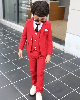 Zēns Sarkans Uzvalks, Kāzu Drēbes Mētelis+Bikses Bērniem Kostīmu Posmā Uzņēmēja Sniegumu Rāda Puiku Puses Tērpi, Izmērs 90-140