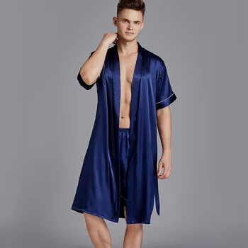 Zīdaini Kimono Drēbes Kleita Vīriešiem Sleepwear 2GAB Drēbes&Šorti Komplekts Satīna Lielajam 3XL Naktsveļu Vasarā Jaunas Intīmas Apakšveļa, Pidžamas