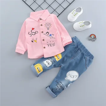 Zīdaiņu apģērbs zēns ar garām piedurknēm drukāts krekls + Caurums džinsi apģērbu komplekti JAUNS Pavasara un rudens zēnu uzvalks, krekls divdaļīgs kostīms