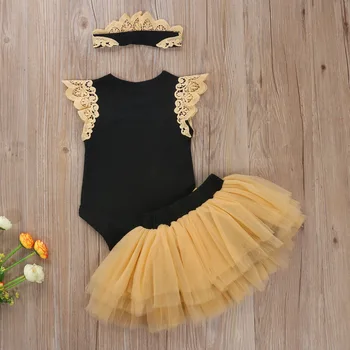 Zīdaiņu Jaundzimušais Meitenes Ruffles Mežģīnes Up Piedurknēm Melnā Bodysuit+Bikses +Galvas 2020. Gada Vasaras Apģērbs Apģērbu Set 3Pcs Izmērs 0-24M
