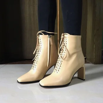 Zīmola dizaina mežģīnes-up microfiber ādas potītes zābaki sieviešu seksīgas augstpapēžu modes kvadrātveida kājām dāmas kurpes, liela izmēra pliks sūkņi