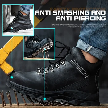Ādas drošības zābaki high-top, ērtu, necaurduramām un aizsardzības kājām, elektriskās metināšanas būvniecības āra darbu apavi